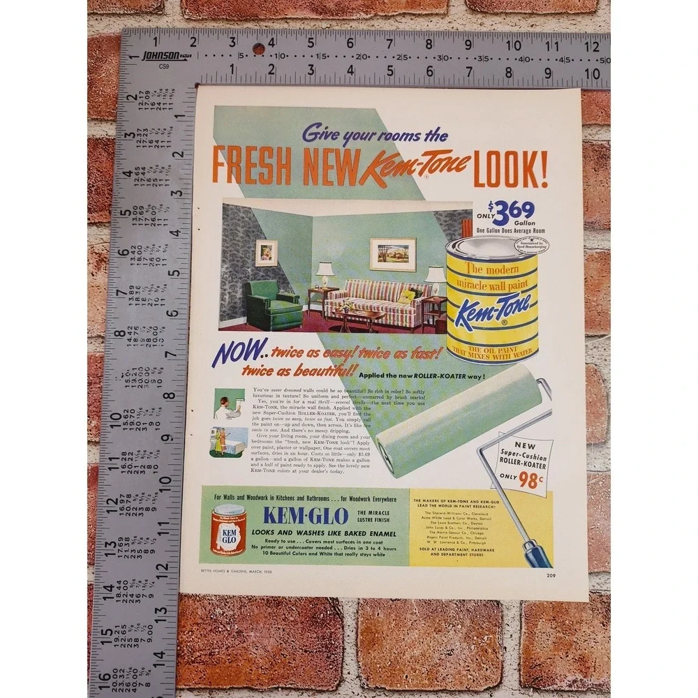 1950 Kem-Tone Paint Print Ad Kem-Glo‎ MCM Wall Art Fresh Room Postwar Optimism